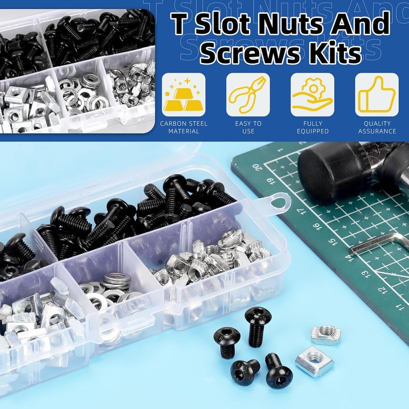 Glarks 201pcs M5 T Slot Nut and Button Head Socket Cap Screw Kit for 2020 Series Aluminum Extrusion, 40pcs 2020 Series T Nut and 40pcs T Sliding Nut, 80pcs Hexagon Socket Screw with 40pcs Flat Washers - Image 3